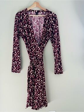 Ann Taylor Purple White Long Sleeve Midi Wrap Dress Women's Size 12 Career